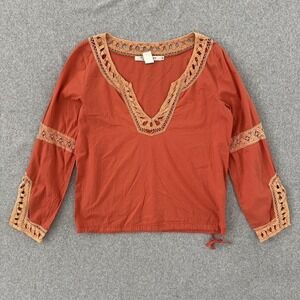 Monoreno Blouse Womens Medium Orange Crochet Lace Trim Boho Peasant Top V Neck